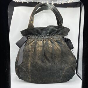 Ann Taylor LOFT Elegant Black and Gilded Gold Suede Leather Tote Bag
